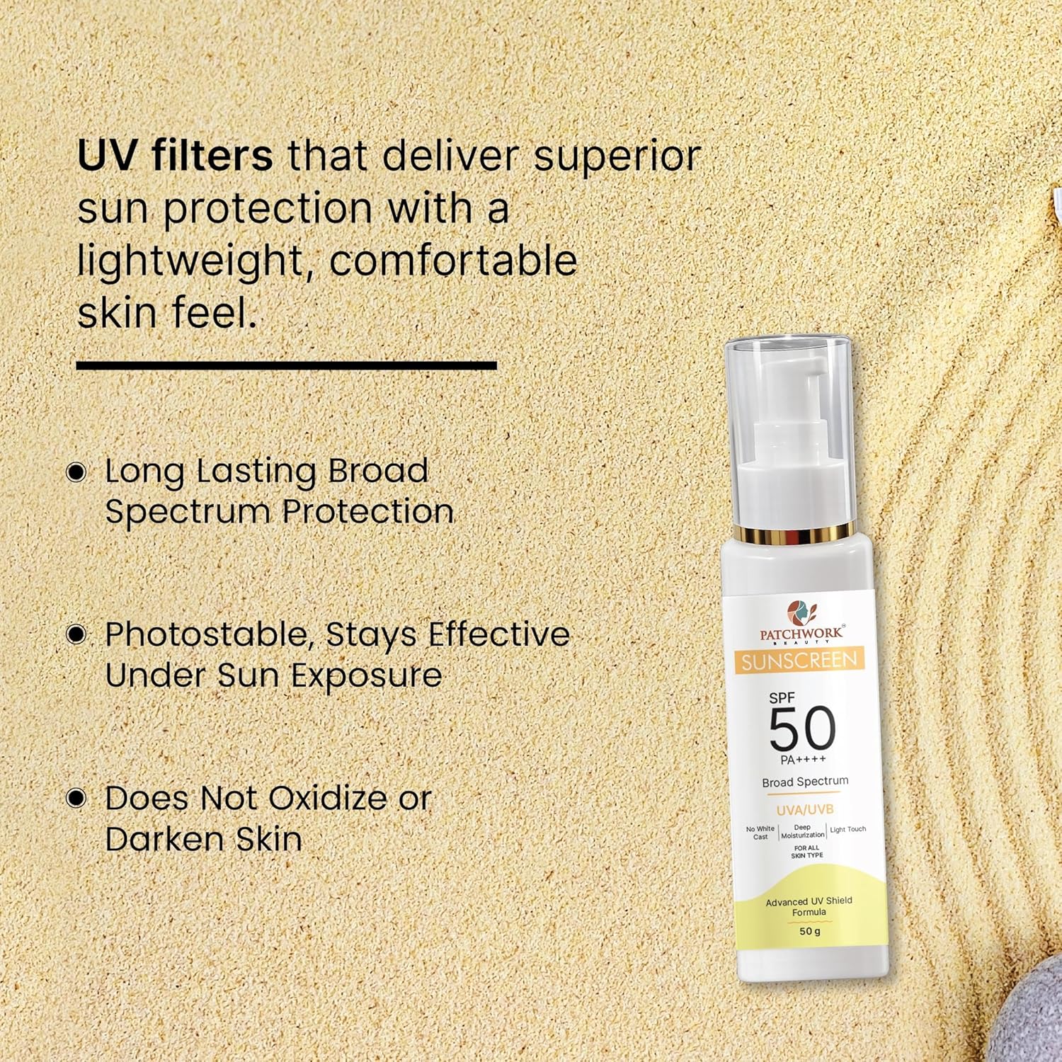 Patchwork Beauty Sunscreen SPF 50 PA++++ Broad Spectrum UVA UVB Protection Lightweight Moisturizing Sun Cream Fast Absorbing Daily Face and Body Sunscreen for All Skin Types 100g
