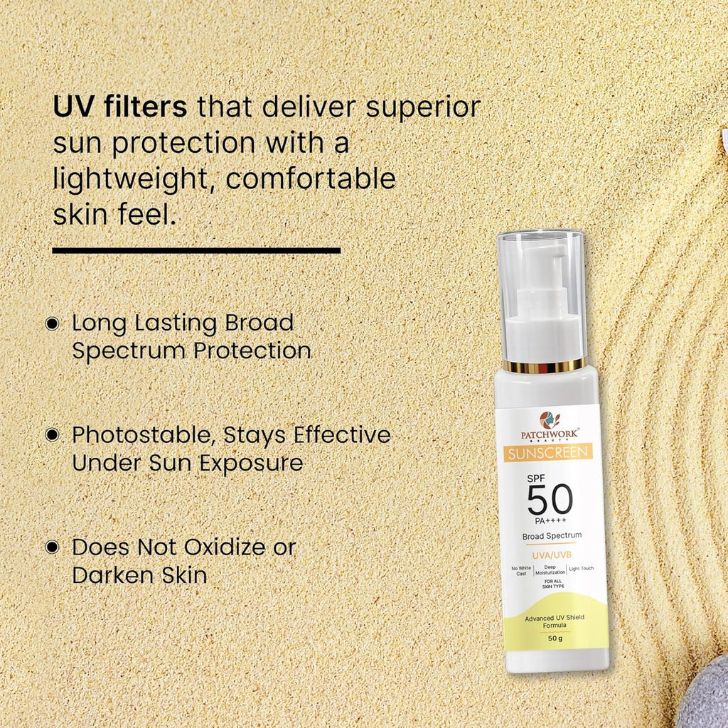 Patchwork Beauty Sunscreen SPF 50 PA++++ Broad Spectrum UVA UVB Protection Lightweight Moisturizing Sun Cream Fast Absorbing Daily Face and Body Sunscreen for All Skin Types 50g