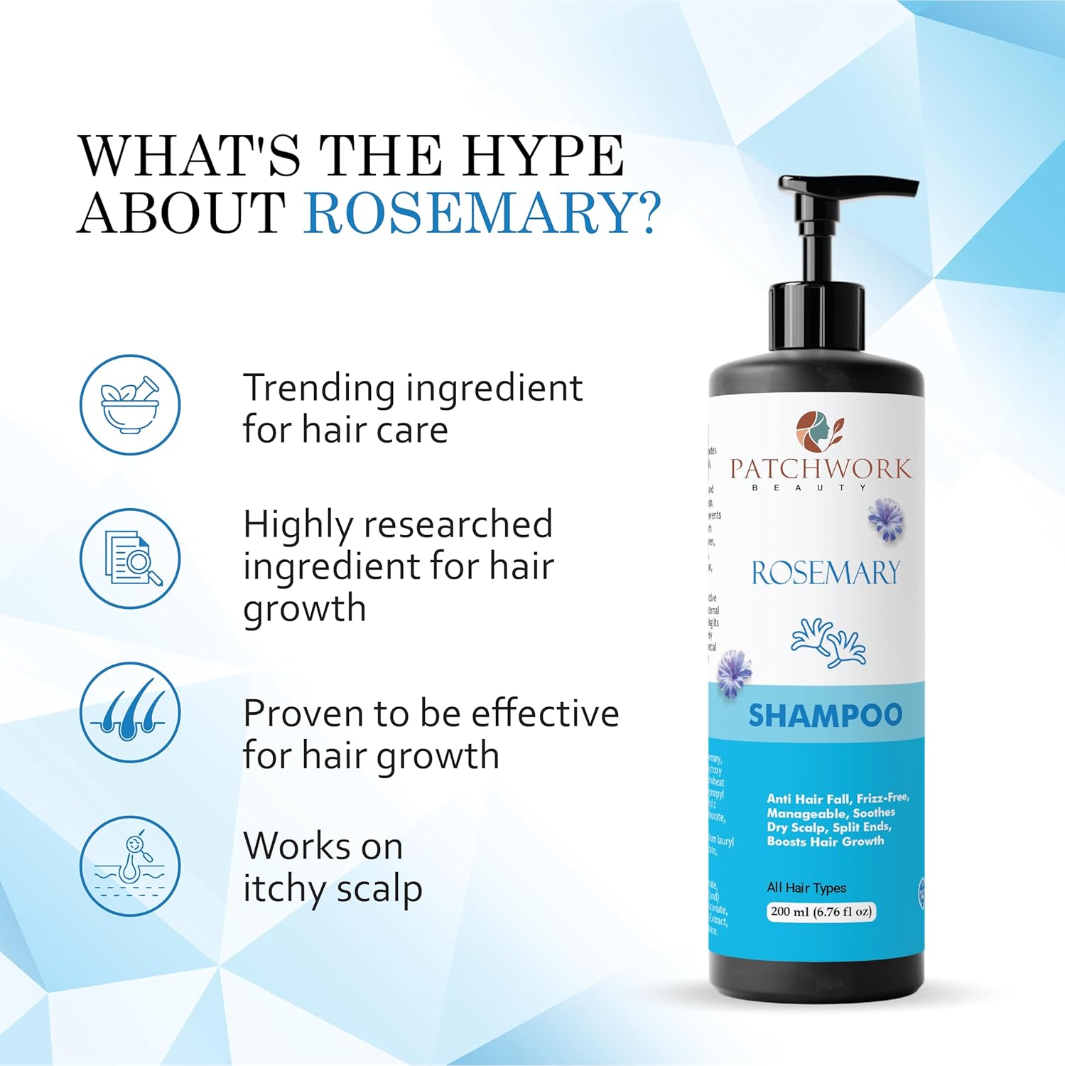 Patchwork Beauty Rosemary Hair Growth Shampoo, Anti Hair Fall, Frizz-Free, All Hair Types, 200ml