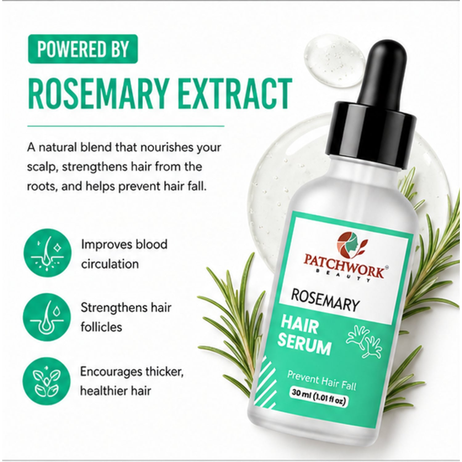 Patchwork Beauty Rosemary Hair Serum for Hair Fall Control and Scalp Care Lightweight Nourishing Daily Hair Care for Stronger Healthier Looking Hair Growth Support 30ml