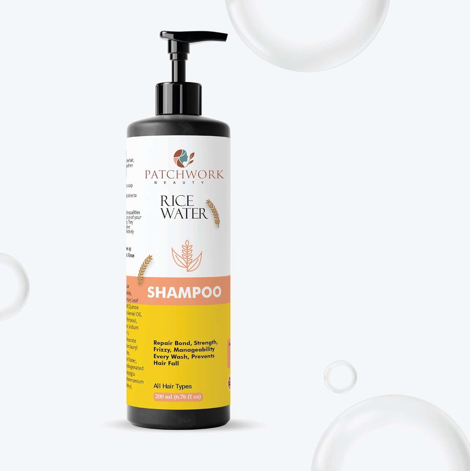 Patchwork Beauty Rice Water Shampoo, Repairs Bond, Strengthens Frizzy Hair, Prevents Hair Fall, All Hair Types, 200ml