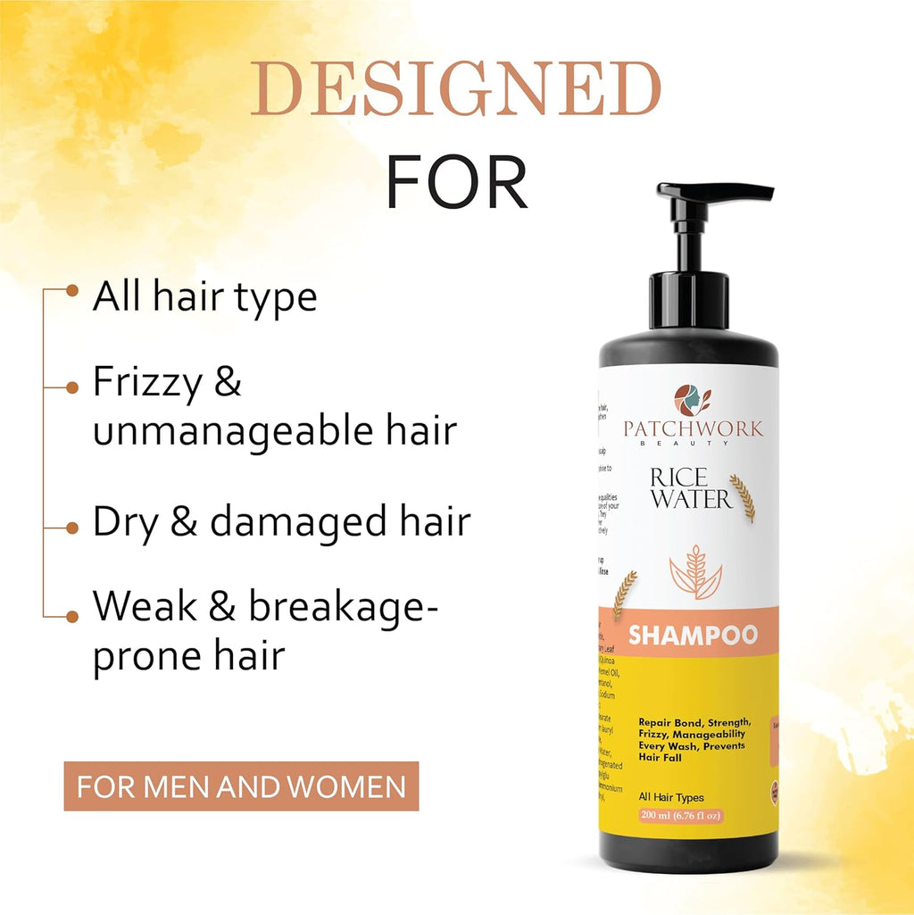 Patchwork Beauty Rice Water Shampoo, Repairs Bond, Strengthens Frizzy Hair, Prevents Hair Fall, All Hair Types, 200ml