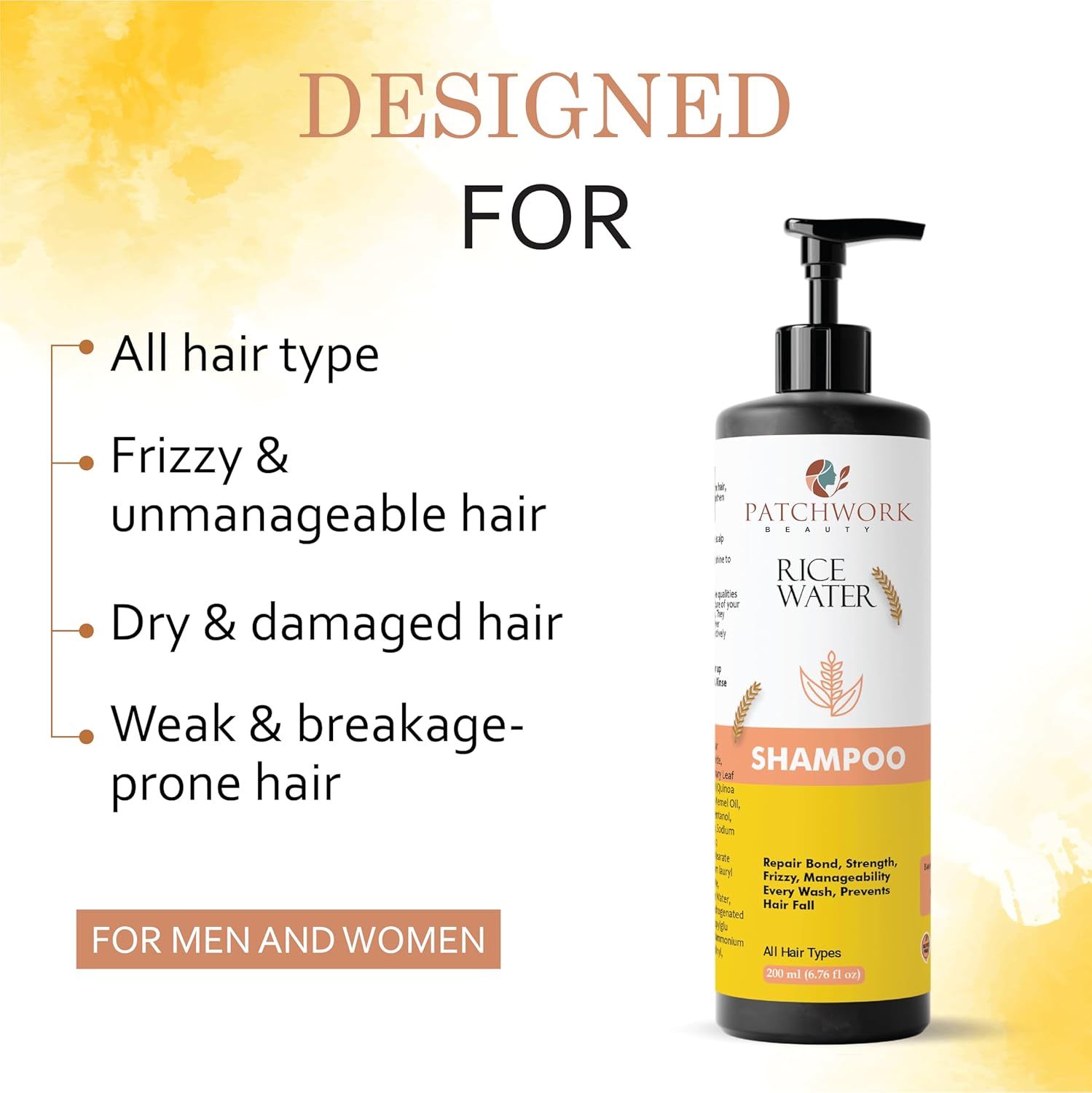 Patchwork Beauty Rice Water Shampoo, Repairs Bond, Strengthens Frizzy Hair, Prevents Hair Fall, All Hair Types, 200ml