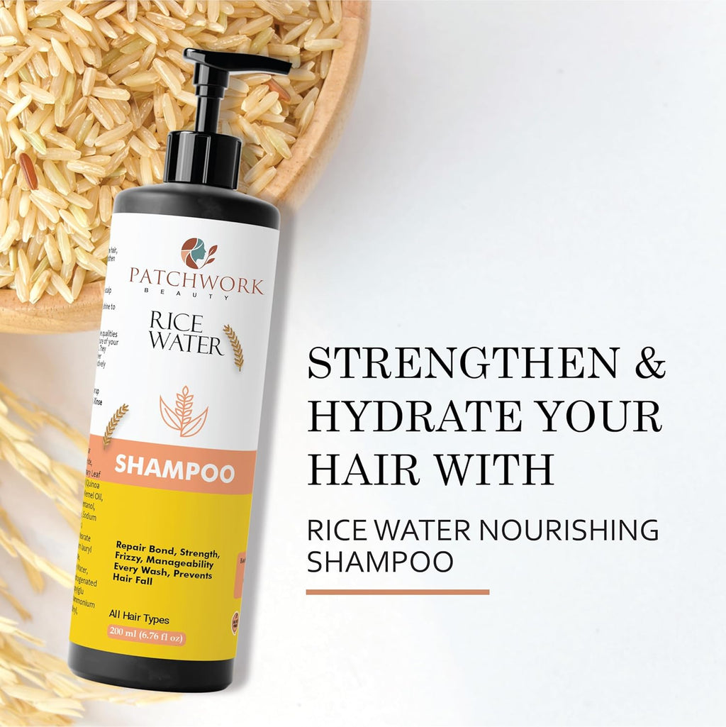 Patchwork Beauty Rice Water Shampoo, Repairs Bond, Strengthens Frizzy Hair, Prevents Hair Fall, All Hair Types, 200ml