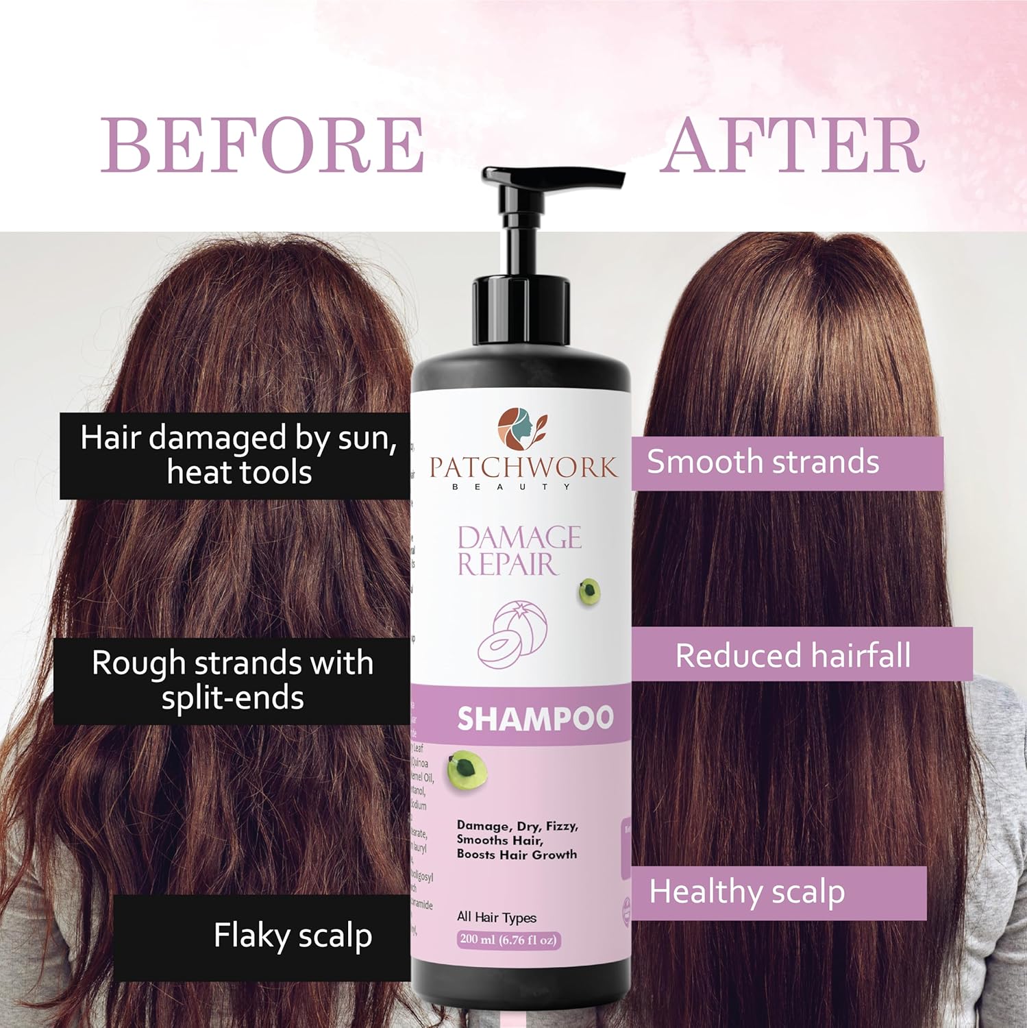 Patchwork Beauty Damage Repair Shampoo, All Hair Types, Smooths Hair, Boosts Hair Growth, 200ml