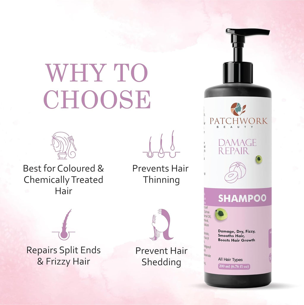 Patchwork Beauty Damage Repair Shampoo, All Hair Types, Smooths Hair, Boosts Hair Growth, 200ml