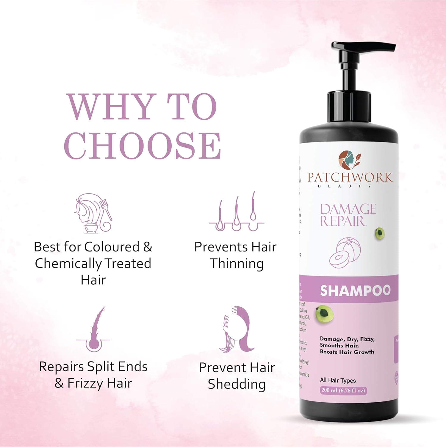 Patchwork Beauty Damage Repair Shampoo, All Hair Types, Smooths Hair, Boosts Hair Growth, 200ml