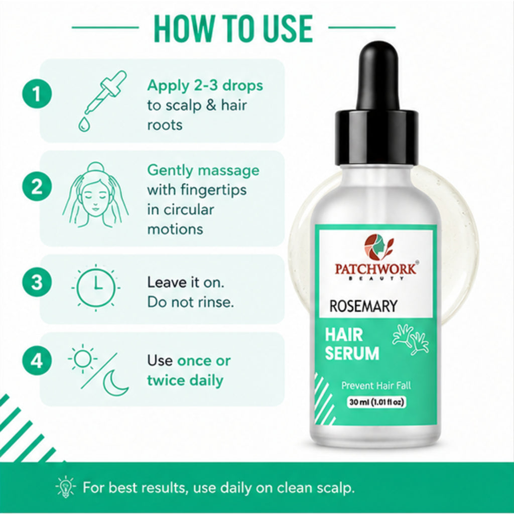 Patchwork Beauty Rosemary Hair Serum for Hair Fall Control and Scalp Care Lightweight Nourishing Daily Hair Care for Stronger Healthier Looking Hair Growth Support 30ml